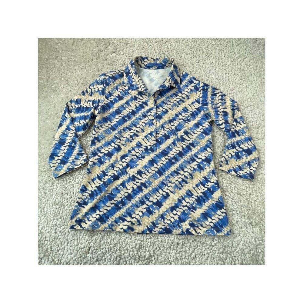 J McLaughlin Court Polo 3/4 Sleeve Top Blue Cream Watercolor Womens Small
